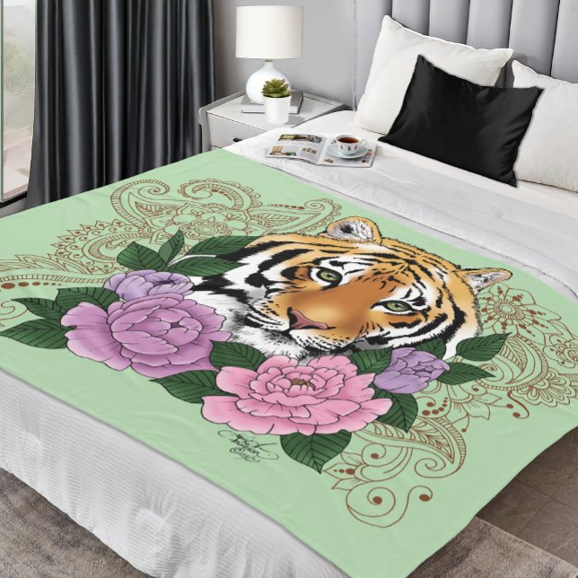 Tiger Henna Pink Purple Flowers Fleece Blanket (Creator Uploaded)