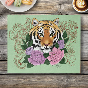 Tiger Henna Pink Purple Flowers Jigsaw Puzzle