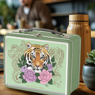 Tiger Henna Pink Purple Flowers Metal Lunch Box