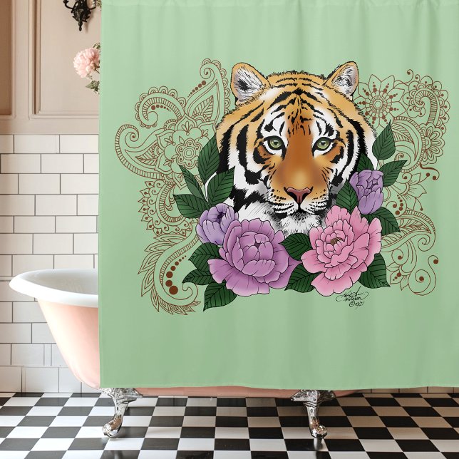Tiger Henna Pink Purple Flowers Shower Curtain (Creator Uploaded)