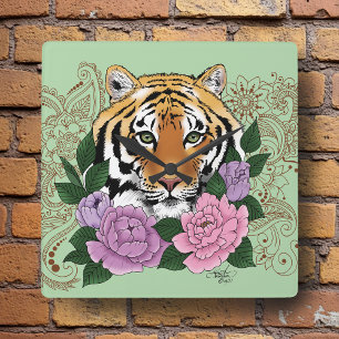 Tiger Henna Pink Purple Flowers Square Wall Clock