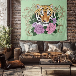 Tiger Henna Pink Purple Flowers Tapestry