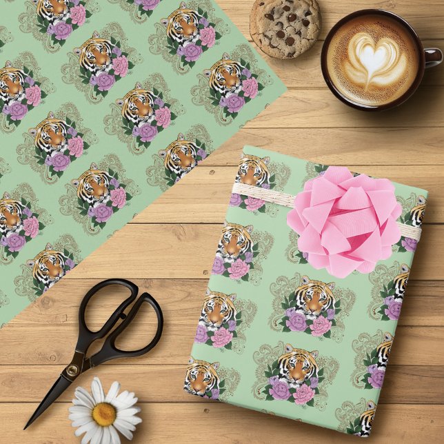 Tiger Henna Pink Purple Flowers Wrapping Paper (Creator Uploaded)