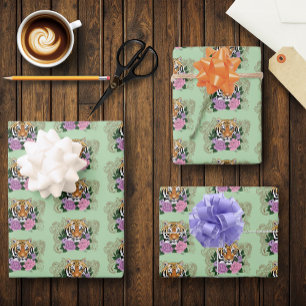 Tiger Henna Pink Purple Flowers Wrapping Paper Sheet