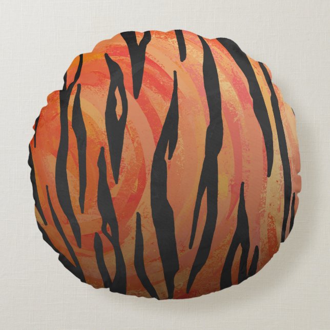 Tiger Hot orange and Black Print Round Cushion (Front)