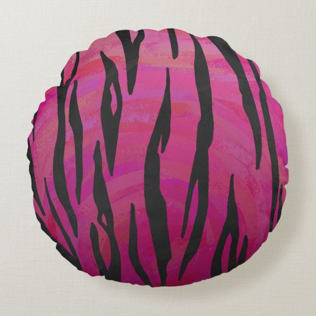 Tiger Hot Pink and Black Print Round Cushion (Front)