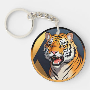 Tiger Illustration with Intense Expression Key Ring