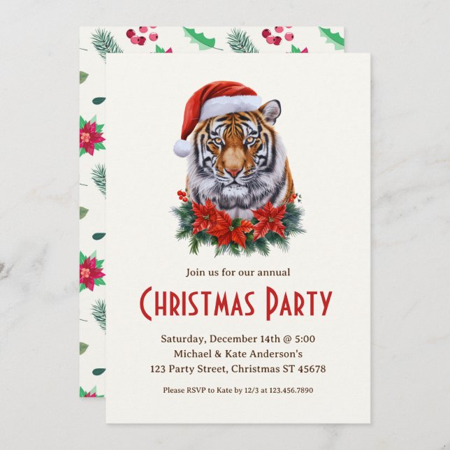 Tiger in a Santa Hat Wild Safari Christmas Party  Invitation (Front/Back)
