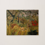 Tiger in a Tropical Storm by Henri Rousseau Jigsaw Puzzle<br><div class="desc">Tiger in a Tropical Storm or Surprised! (1891) by Henri Rousseau is a vintage post impressionism fine art animal portrait painting. An exotic, wild, big cat tiger, illuminated by a flash of lightning. This predator is preparing to pounce on its prey in the midst of a raging thunderstorm in the...</div>