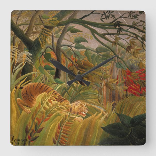 Tiger in a Tropical Storm by Henri Rousseau Square Wall Clock (Front)