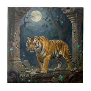 Tiger in Ancient Dunes under the Full Moon Ceramic Tile