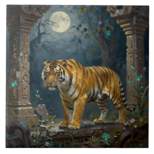 Tiger in Ancient Dunes under the Full Moon Ceramic Tile