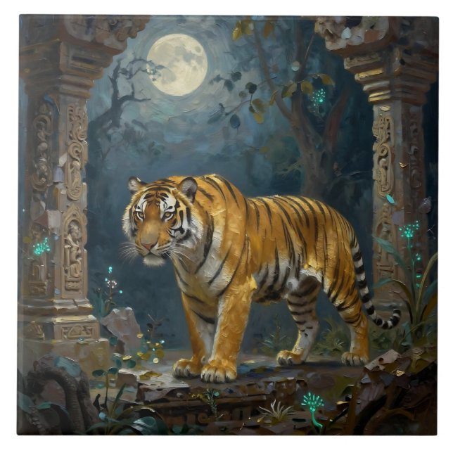 Tiger in Ancient Dunes under the Full Moon Ceramic Tile (Front)