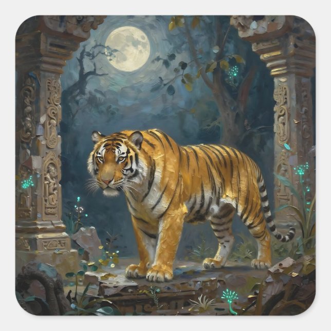Tiger in Ancient Dunes under the Full Moon Square Sticker (Front)