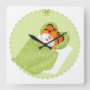 Tiger in bed illustration kids childish print square wall clock