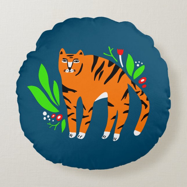 Tiger in flowers round cushion (Front)