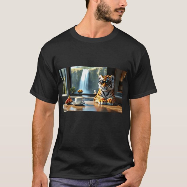 Tiger in Glasses with Coffee  T-Shirt (Front)
