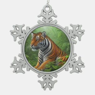 Tiger in jungle snowflake pewter christmas ornament