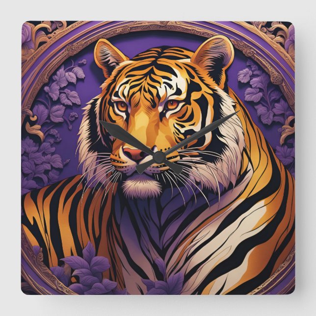 Tiger in purple square wall clock (Front)