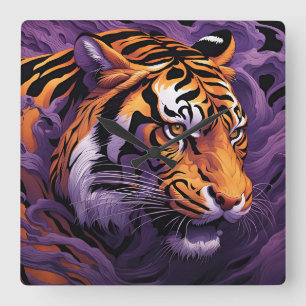 Tiger in purple square wall clock