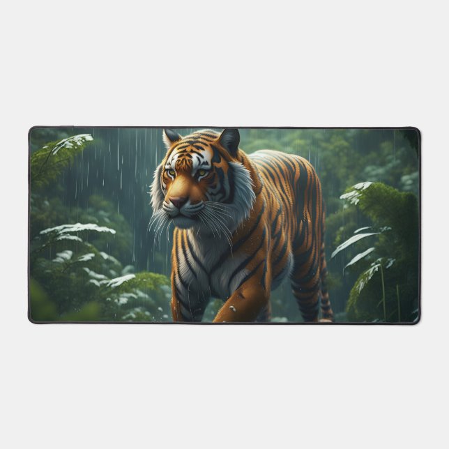 Tiger In Rainy Jungle Desk Mat (Front)