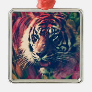 Tiger in the Floral Field Metal Ornament