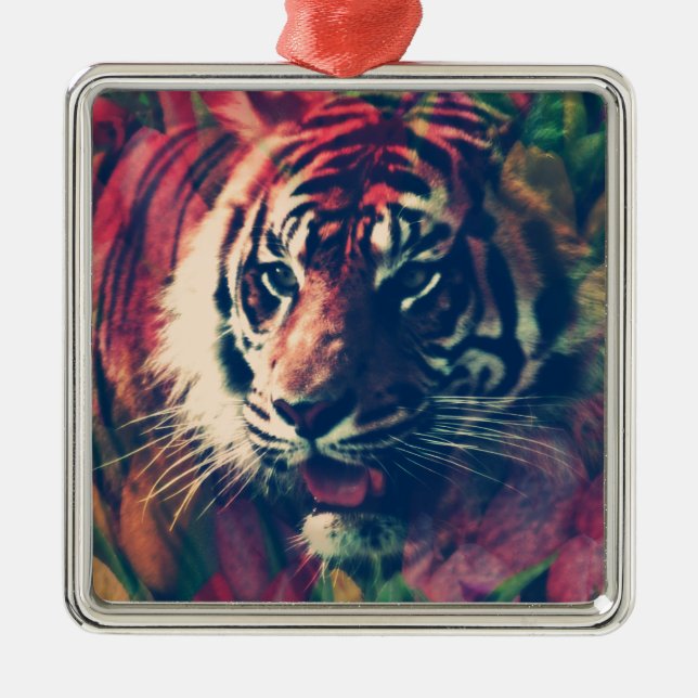 Tiger in the Floral Field Metal Ornament (Front)