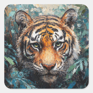 Tiger in the Jungle Portrait Painting Square Sticker