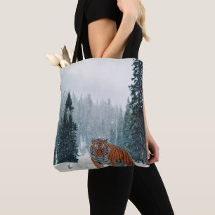 tiger in the snow tote bag