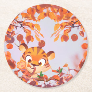 Tiger inside Flying Leaves In Fall On Lavender Sky Round Paper Coaster