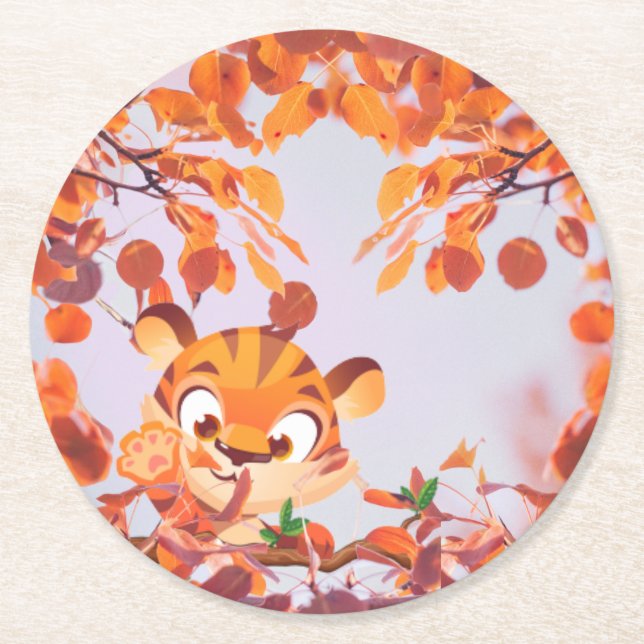 Tiger inside Flying Leaves In Fall On Lavender Sky Round Paper Coaster (Front)