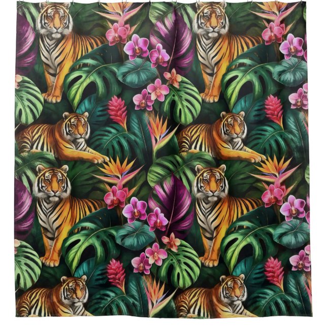 Tiger Jungle Dreams Seamless Surface Pattern Shower Curtain (Front)