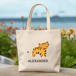 Tiger Kids Cute Personalised Tote Bag<br><div class="desc">This kids' tote bag for animal lovers features a cute illustration of a tiger. Personalise it with your child's name in black letters. The design appears on both sides of the bag. Makes a great book bag for boys or girls!</div>