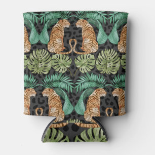 Tiger Leaves: Watercolor Jungle Seamless. Can Cooler