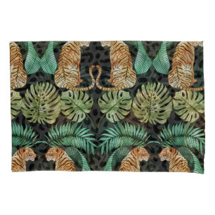 Tiger Leaves: Watercolor Jungle Seamless. Pillowcase