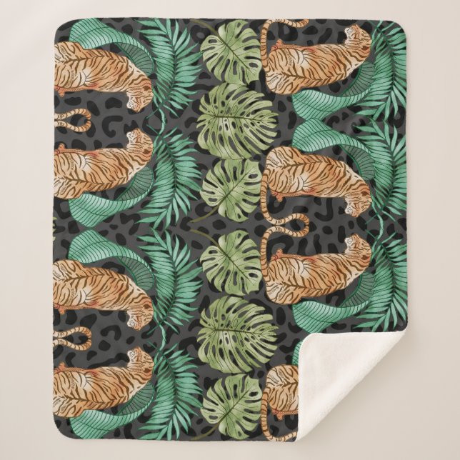 Tiger Leaves: Watercolor Jungle Seamless. Sherpa Blanket (Front)