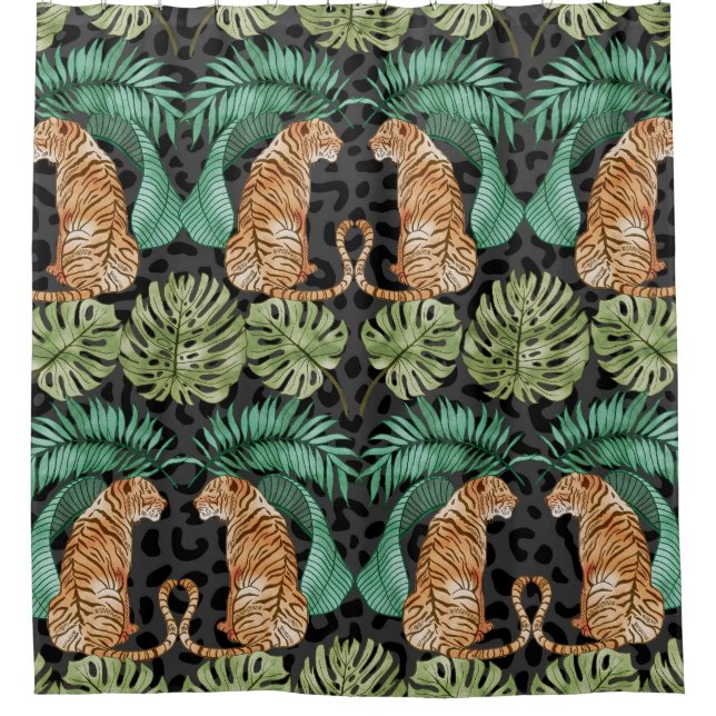 Tiger Leaves: Watercolor Jungle Seamless. Shower Curtain (Front)