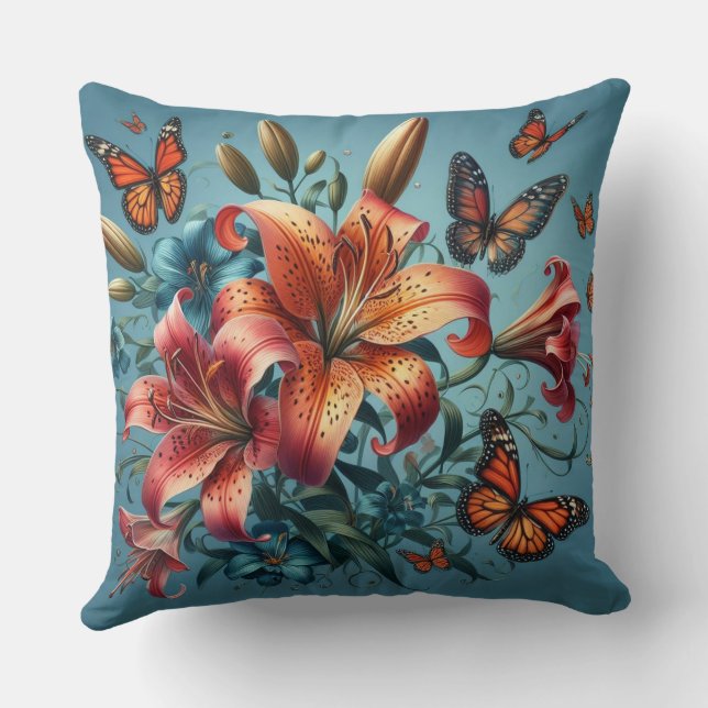 Tiger Lilies With Butterflies Cushion (Back)