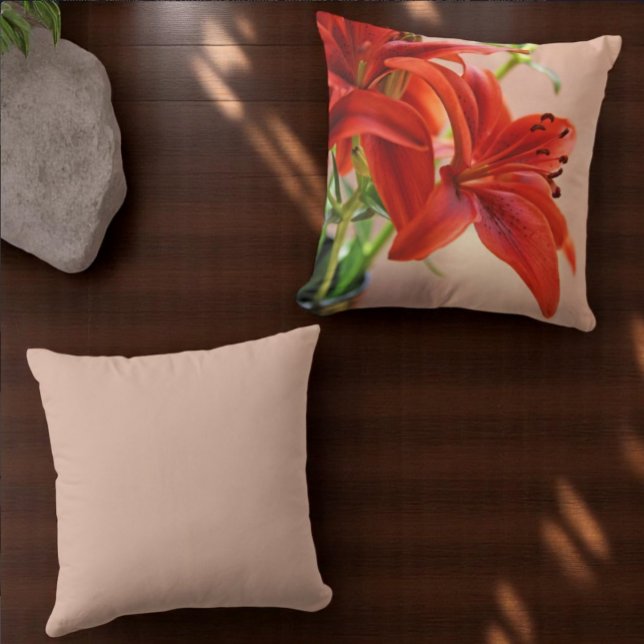 Tiger Lily Flower Close-Up Photograph Cushion (throw pillow front flower photo and back matching solid color)