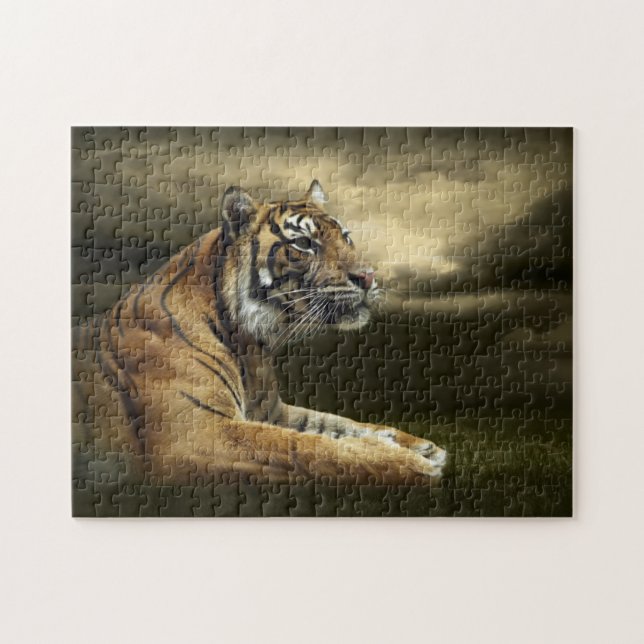 Tiger looking and sitting under dramatic sky jigsaw puzzle (Horizontal)