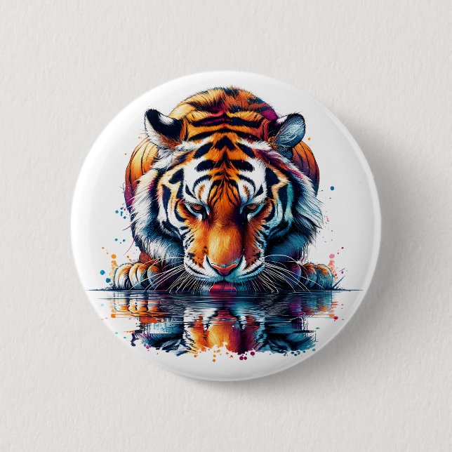 Tiger looking at Reflection in Water 6 Cm Round Badge (Front)