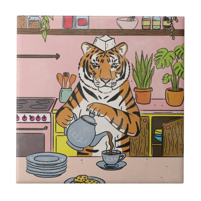 Tiger Making Tea Ceramic Tile (Front)