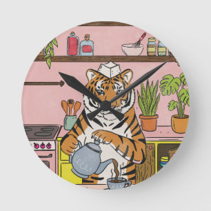 Tiger Making Tea Round Clock