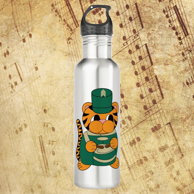 Tiger Marching Band Snare Drum Green and Gold 710 Ml Water Bottle (A water bottle with a tiger playing the drums in a green and gold marching band uniform)
