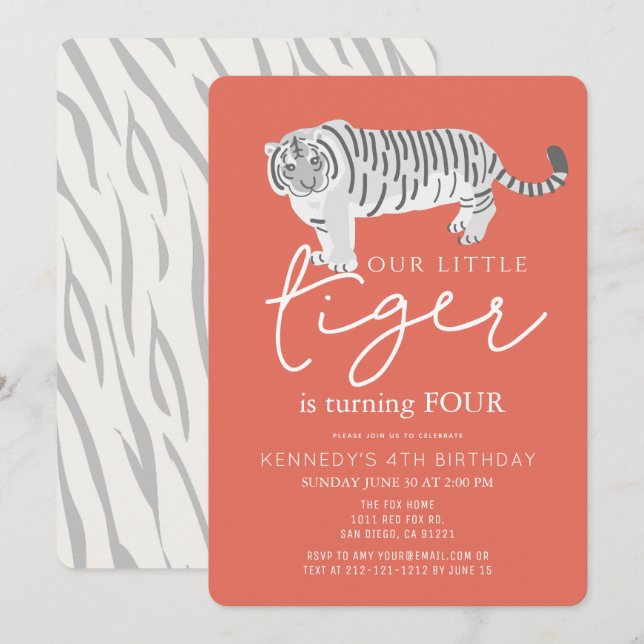 Tiger Modern Red Kids Birthday Invitation (Front/Back)