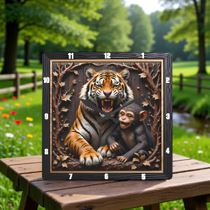 Tiger Monkey Close Up Portrait Square Wall Clock