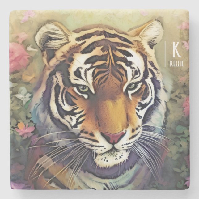 Tiger Monogram Name Stone Coaster (Front)