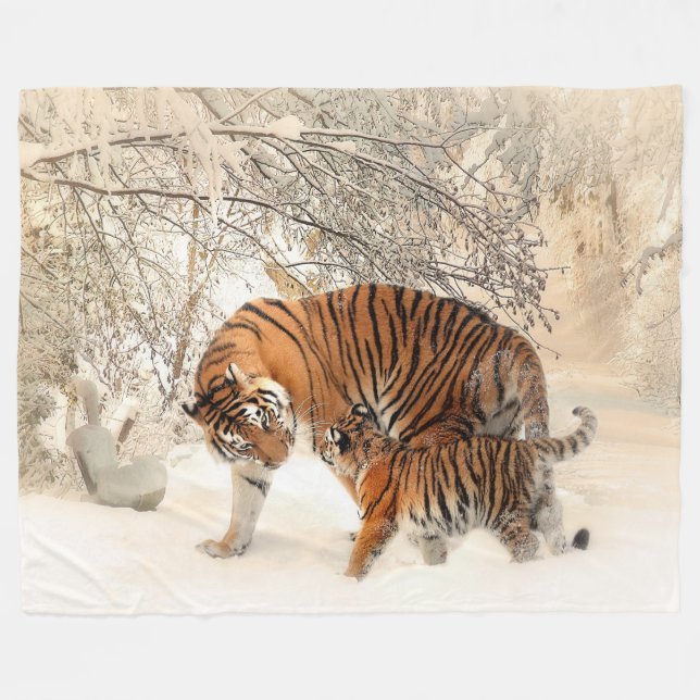 Tiger Mother and Cub Custom Fleece Blanket, Large Blanket (Front (Horizontal))