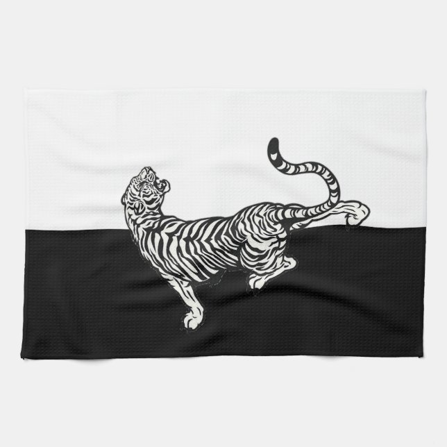 Tiger on black and white  tea towel (Horizontal)