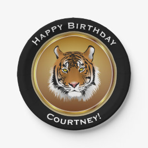 Tiger on Faux Gold Happy Birthday with Name Paper Plate